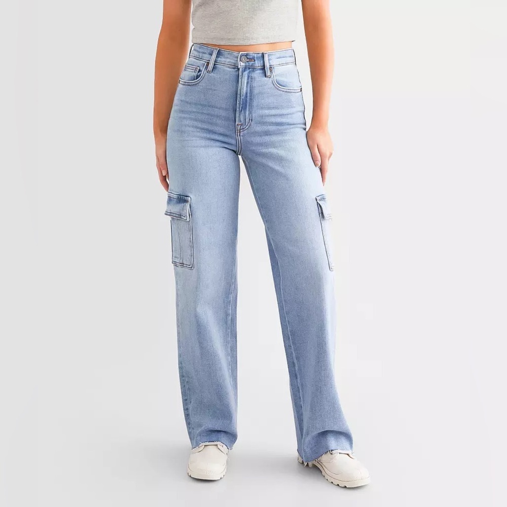 Hidden Los Angeles Wide Leg Cargo Jeans Sz 23 High Rise Light Wash Frayed Hem
